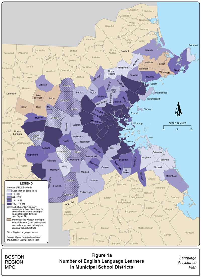 Figure 1A is a map showing the number of English language learners in municipal school districts in the Boston region.